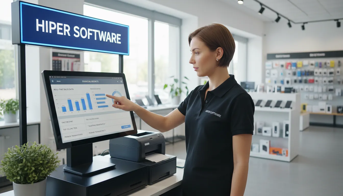 Sistema POS moderno exibindo dados financeiros em tempo real, representando uma ferramenta essencial para uma boa gestão financeira.