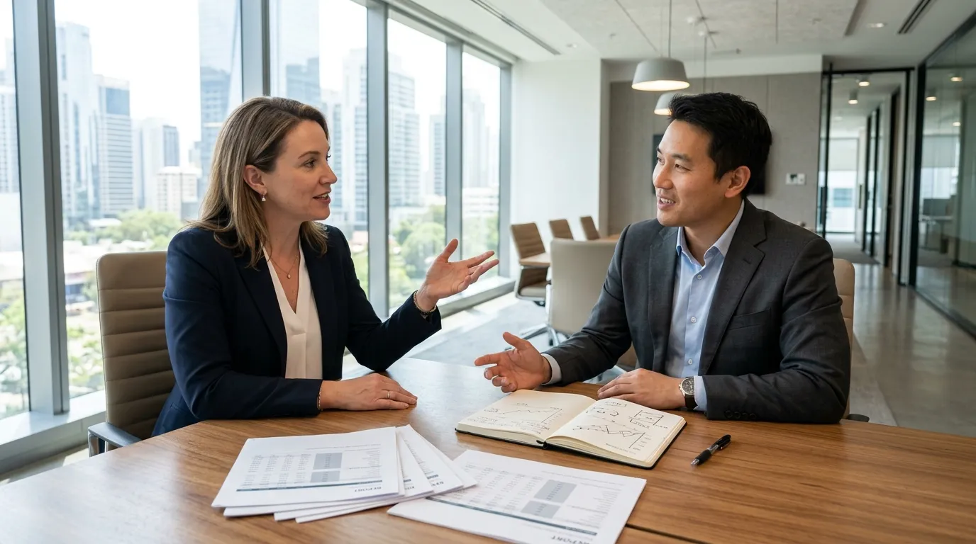Especialistas identificando oportunidades de negócios financeiros em reunião estratégica corporativa.