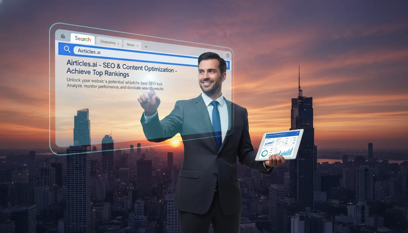 Homem apontando para resultado no Google após usar Airticles.ai, mostrando como aparecer no Google com sucesso.