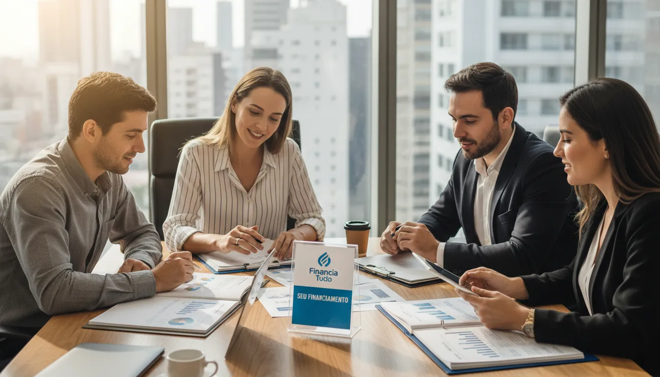 Grupo de pessoas analisando documentos de financiamento de vans com o apoio da Financia Tudo, garantindo as melhores condições.