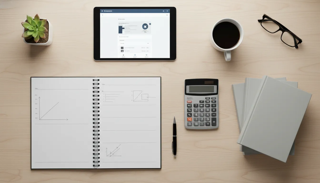 Mesa organizada com anotações, livros, tablet sobre educação financeira e planejamento para afiliado crédito conversão.
