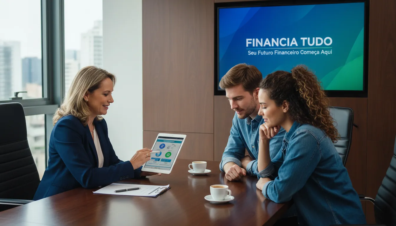 Casal reunido com um consultor financeiro da Financia Tudo, que explica as opções de empréstimo em um tablet. Consultoria especializada para encontrar o banco para fazer empréstimo ideal.