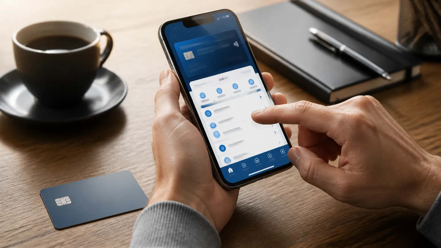 Smartphone e cartão para liberar dinheiro usando limite do cartão de crédito.