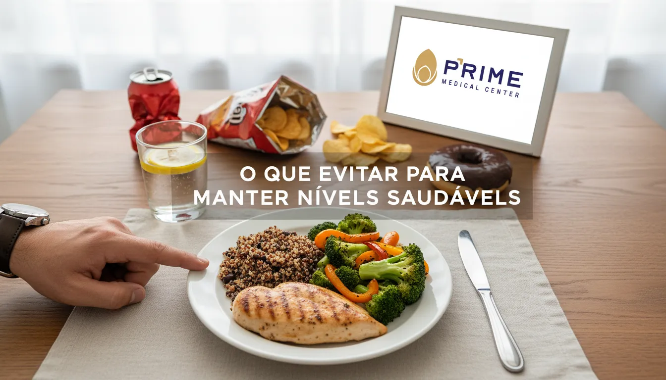 Mesa com testosterona alimentos saudáveis e escolhas a evitar para saúde.