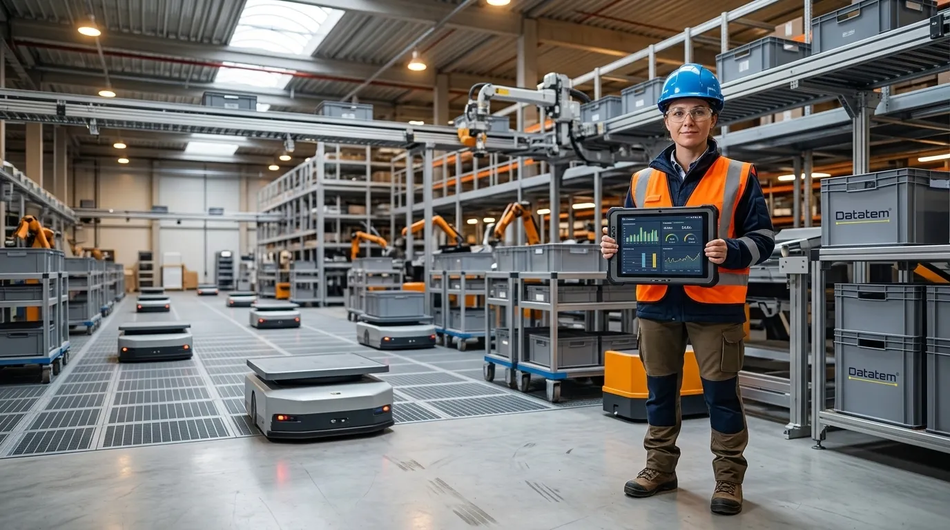 Engenheira monitorando telemetria em rede 5G privada dentro de galpão logístico automatizado.