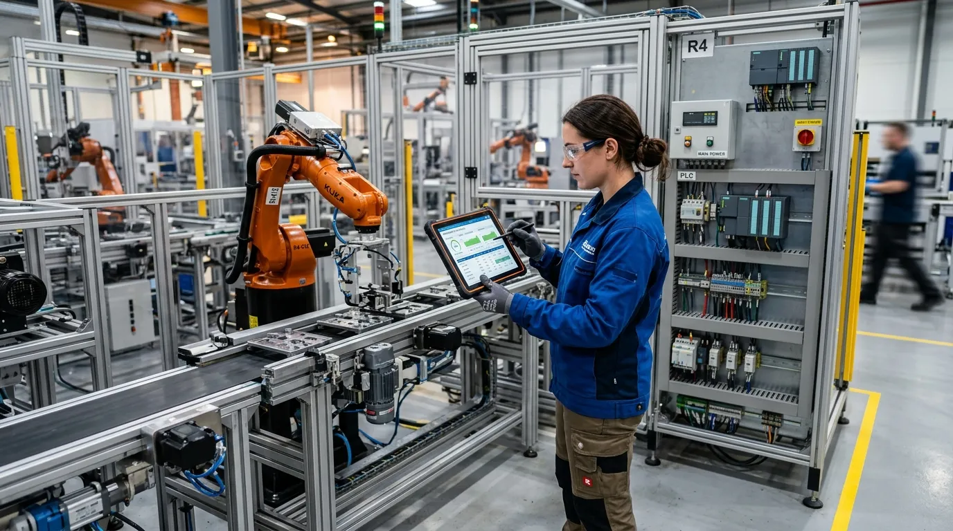 Técnico analisando dados do software de manutenção ao lado de máquinas industriais modernas.