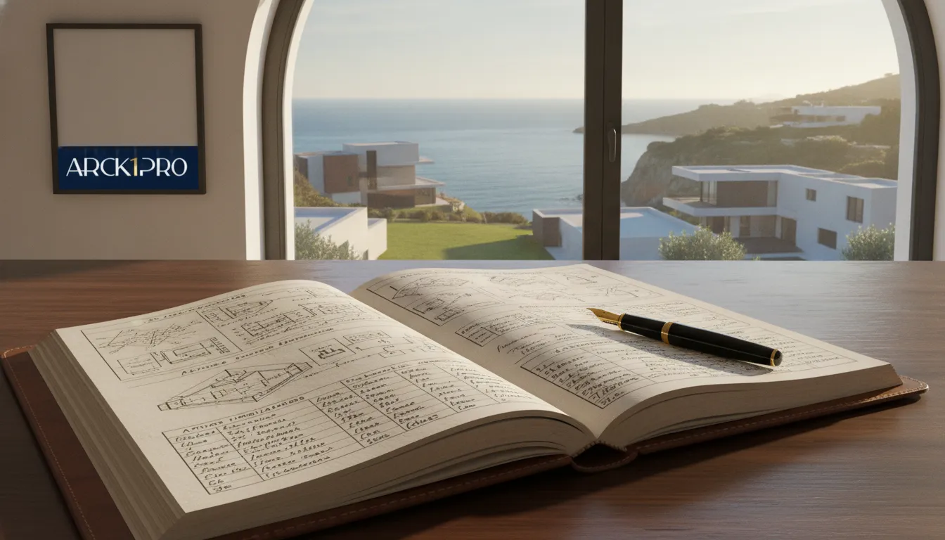 Planejamento sucessório patrimonial: livro-razão detalha ativos imobiliários versus financeiros, com vista costeira.