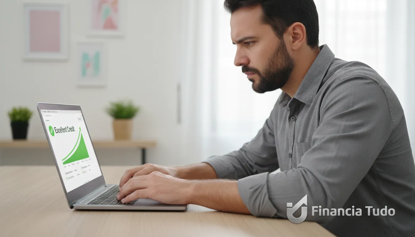 Homem brasileiro concentra-se na tela, monitorando score de crédito para garantir taxas menores no crédito.