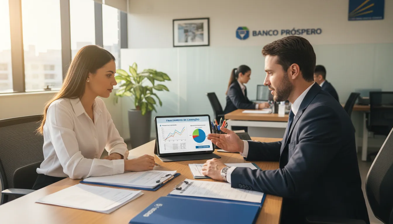 Consultor bancário apresenta simulação de financiamento para cliente de caminhão em um ambiente profissional.