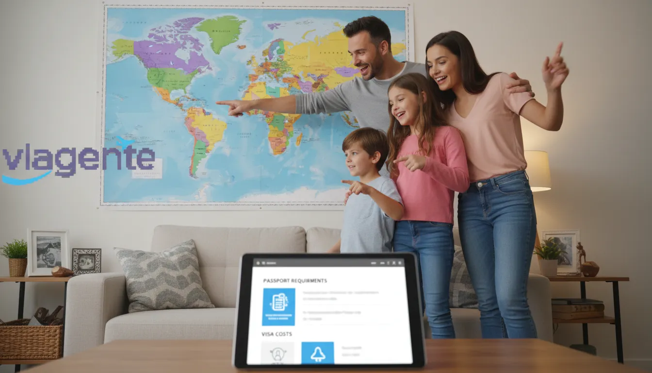 Família planejando viagem e verificando os requisitos do passaporte, incluindo o valor do passaporte, para garantir uma experiência tranquila.