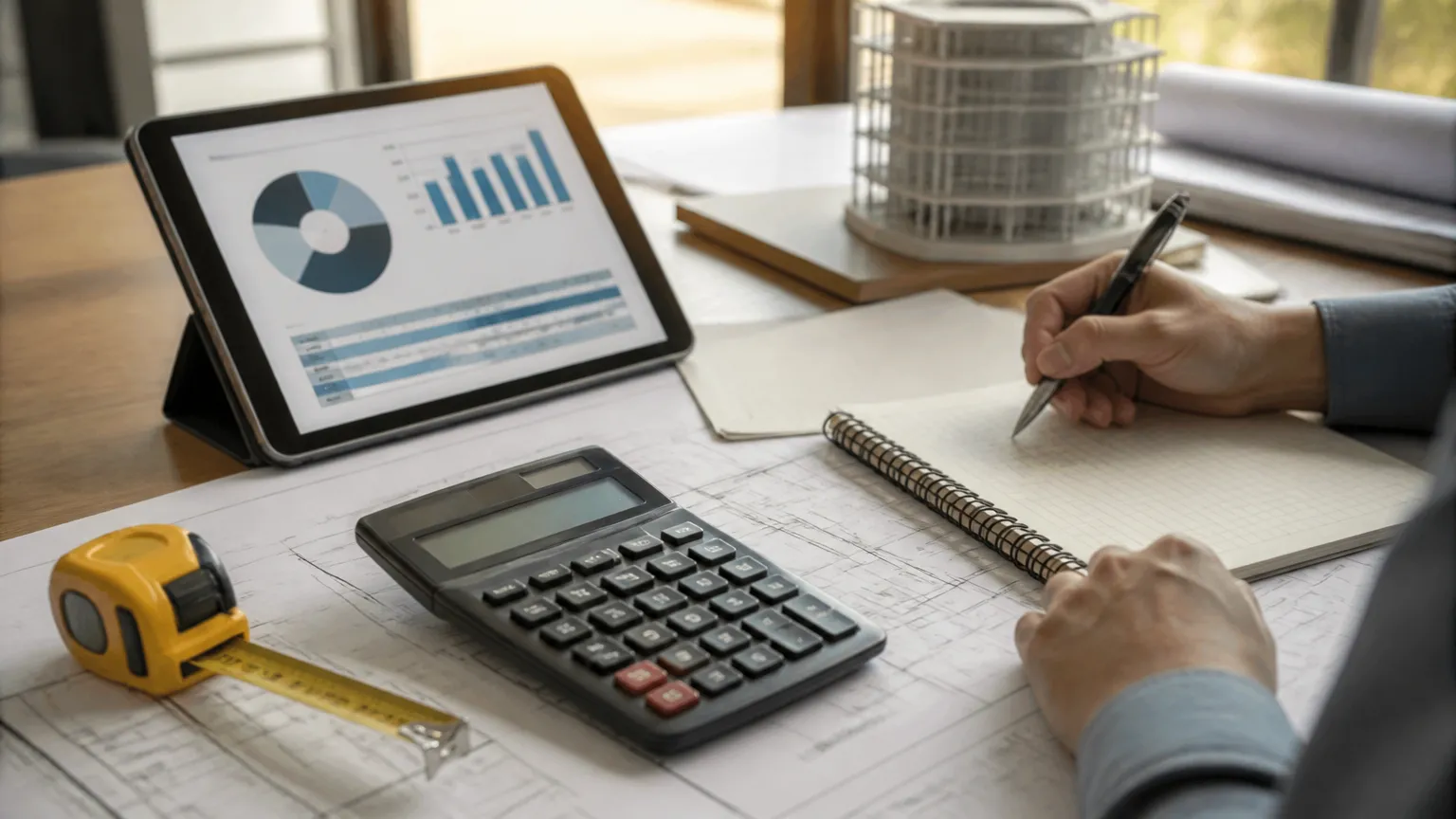 Planilha e calculadora mostrando como calcular quanto falta para terminar uma obra com precisão.