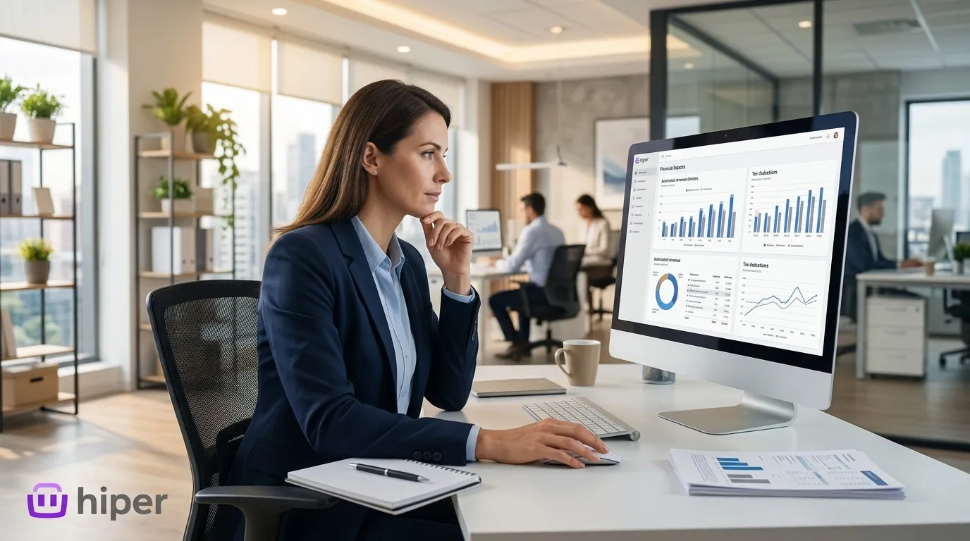 Gestor analisando relatórios financeiros com automação tributária e split payment