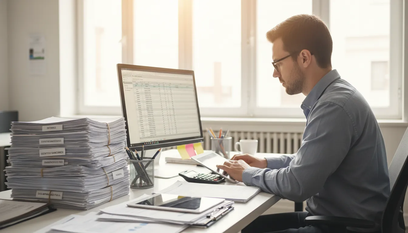 Contador revisa documentos e conciliações bancárias organizando papéis no escritório.