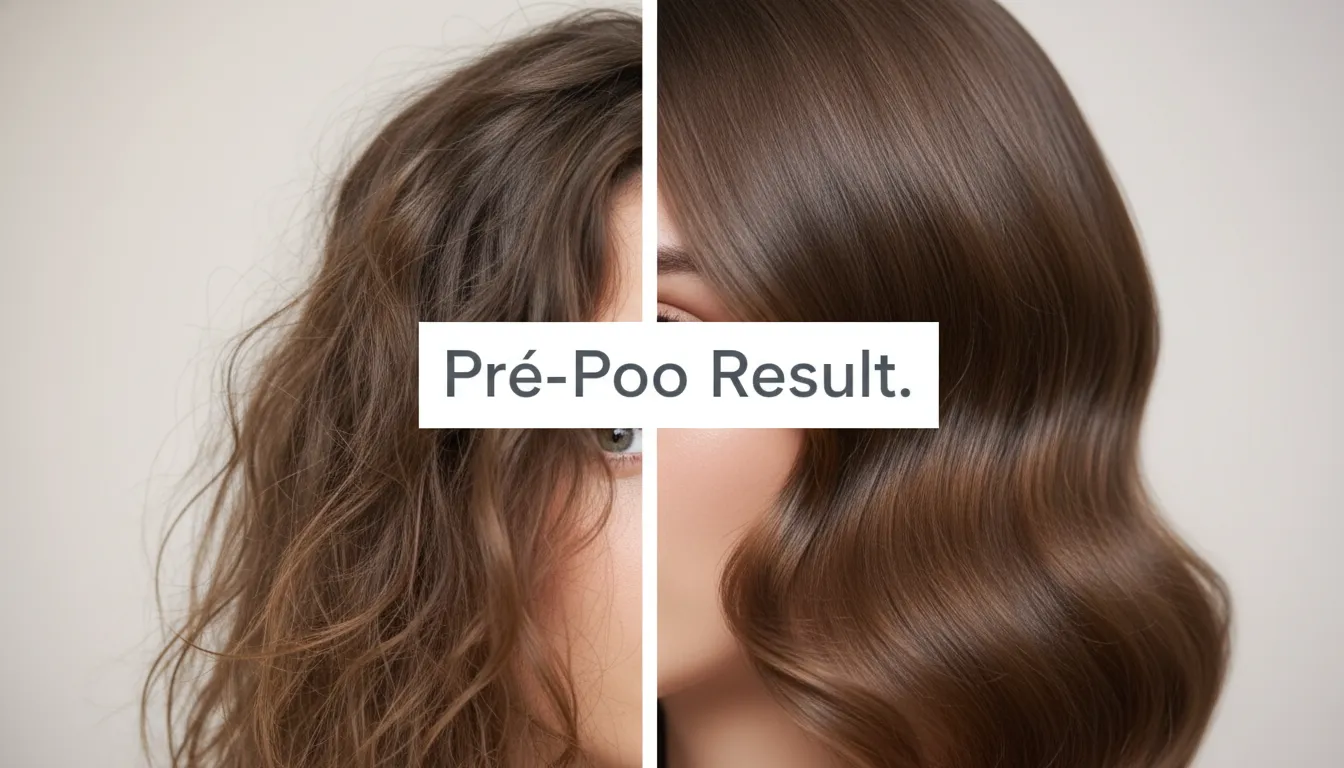 Imagem comparativa: cabelo seco e danificado antes e cabelo saudável e hidratado depois de usar pré-poo. Aprenda como fazer pré-poo para proteger seus fios.