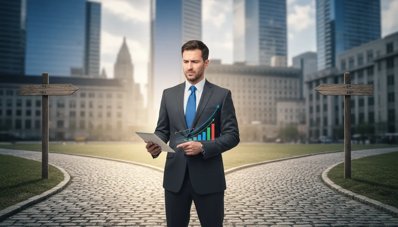 Empresário em uma encruzilhada ponderando a escolha entre LLC ou Corporation para otimizar seu negócio.