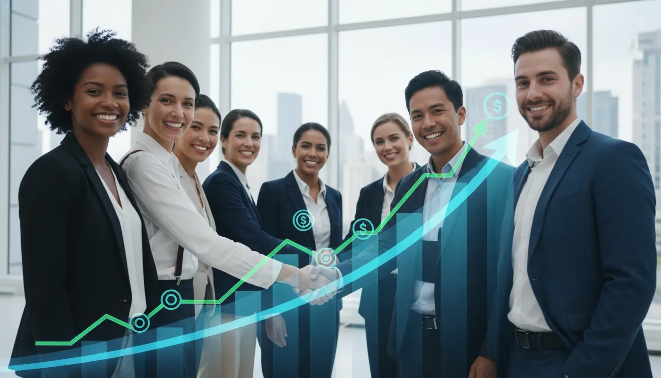 Grupo diverso celebra aprovação de crédito facilitado pela Financia Tudo, destacando o Custo Efetivo Total (CET).