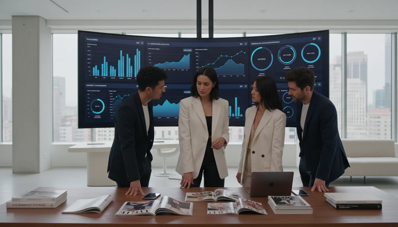Equipe de marketing de moda analisando dados digitais em escritório elegante com gráficos de desempenho nas telas.