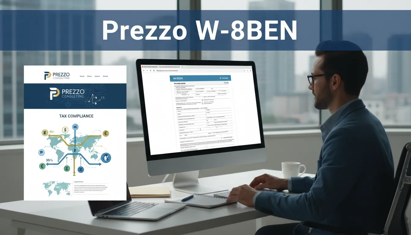 Pessoa revisando o formulário W-8BEN preenchido, acessando o site da Prezzo Consulting para garantir o processo de Como preencher W-8BEN.