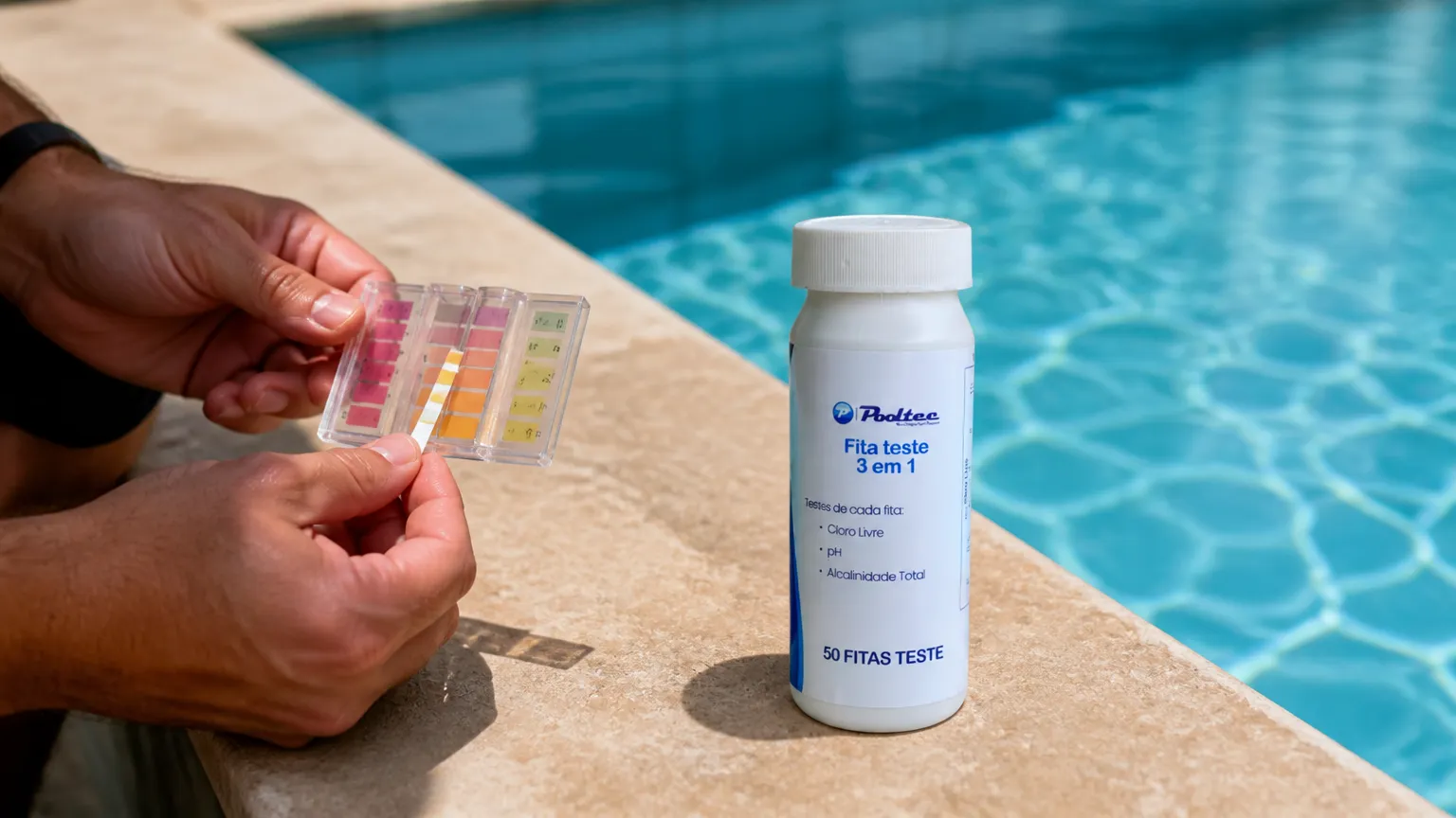 Teste de água para verificar parâmetros e entender como baixar o ph da piscina corretamente.
