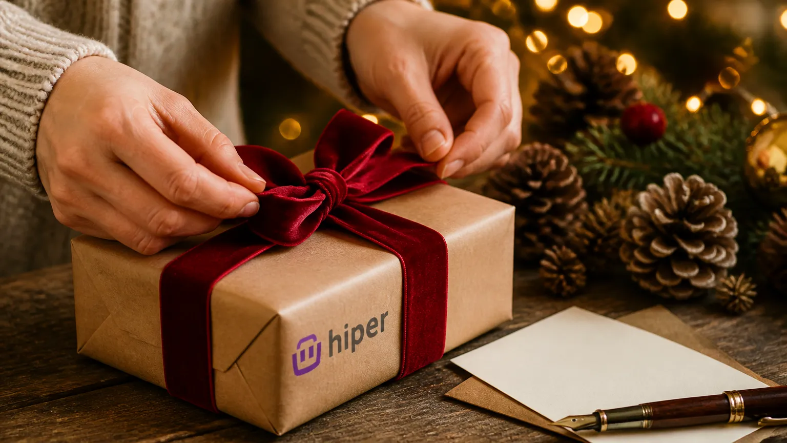 Cartão com mensagem de Natal para clientes ao lado de pacote para presente.