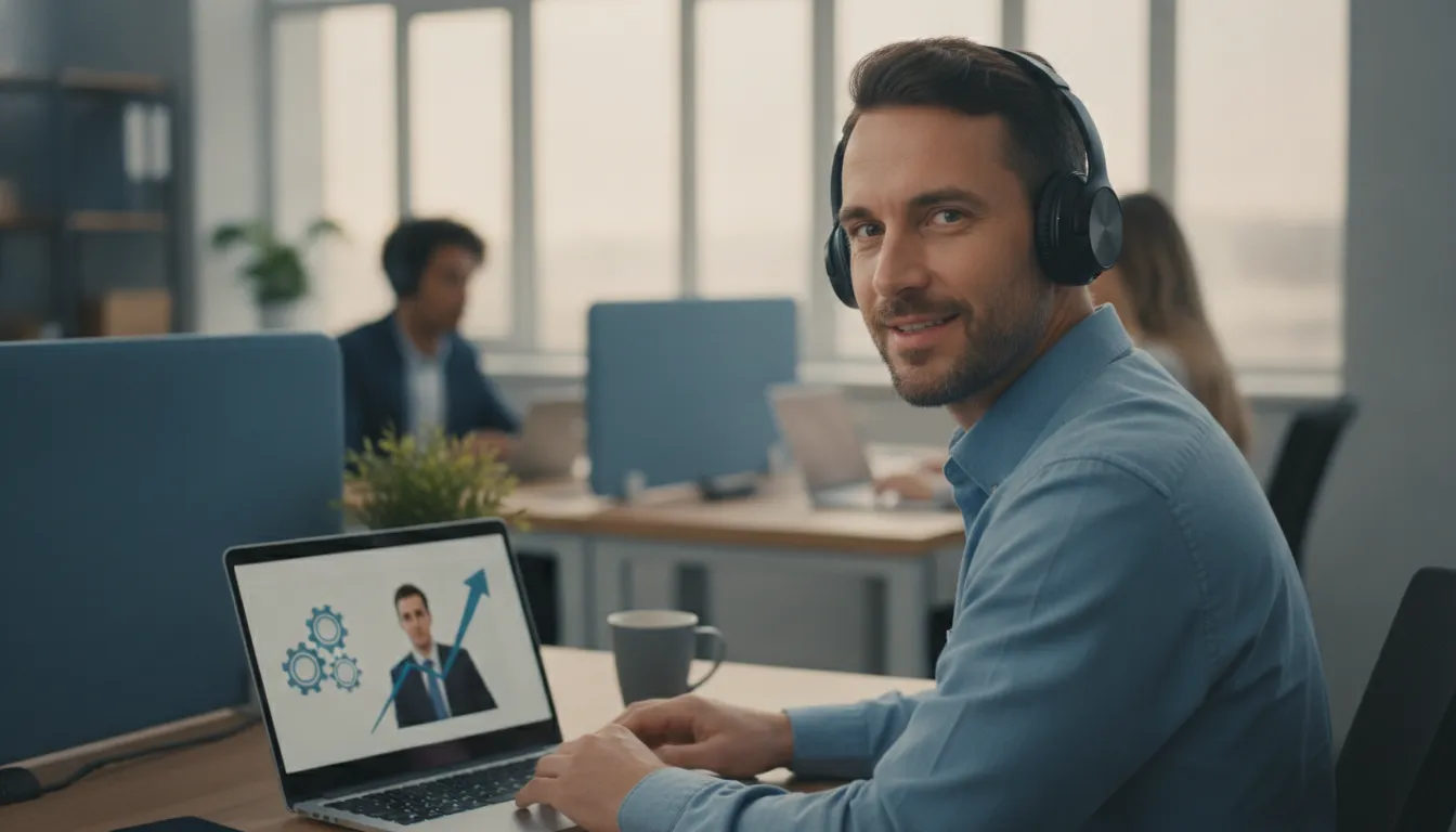Funcionário assiste vídeo no laptop, engajado com a comunicação interna da empresa. You Found.