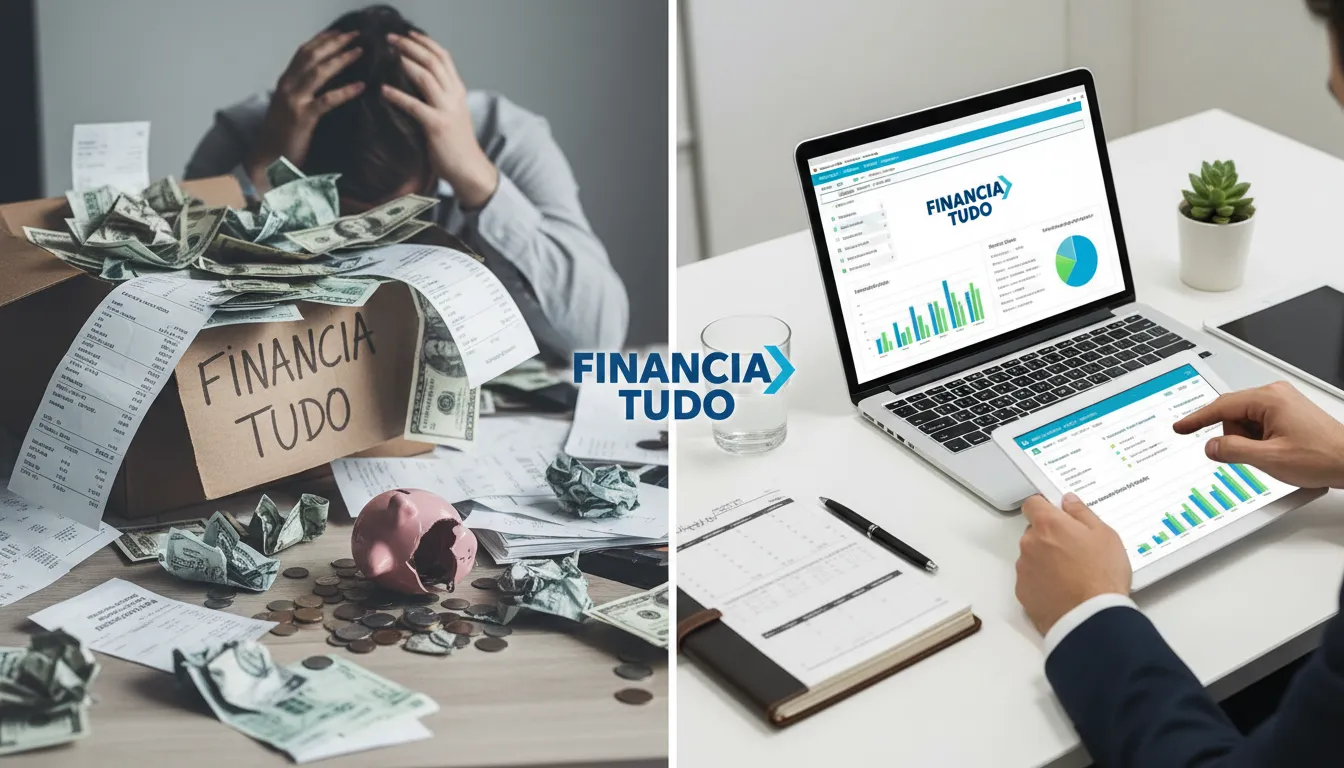 Comparativo visual: caos financeiro versus organização com a Financia Tudo, mostrando a importância de organizar vida financeira.