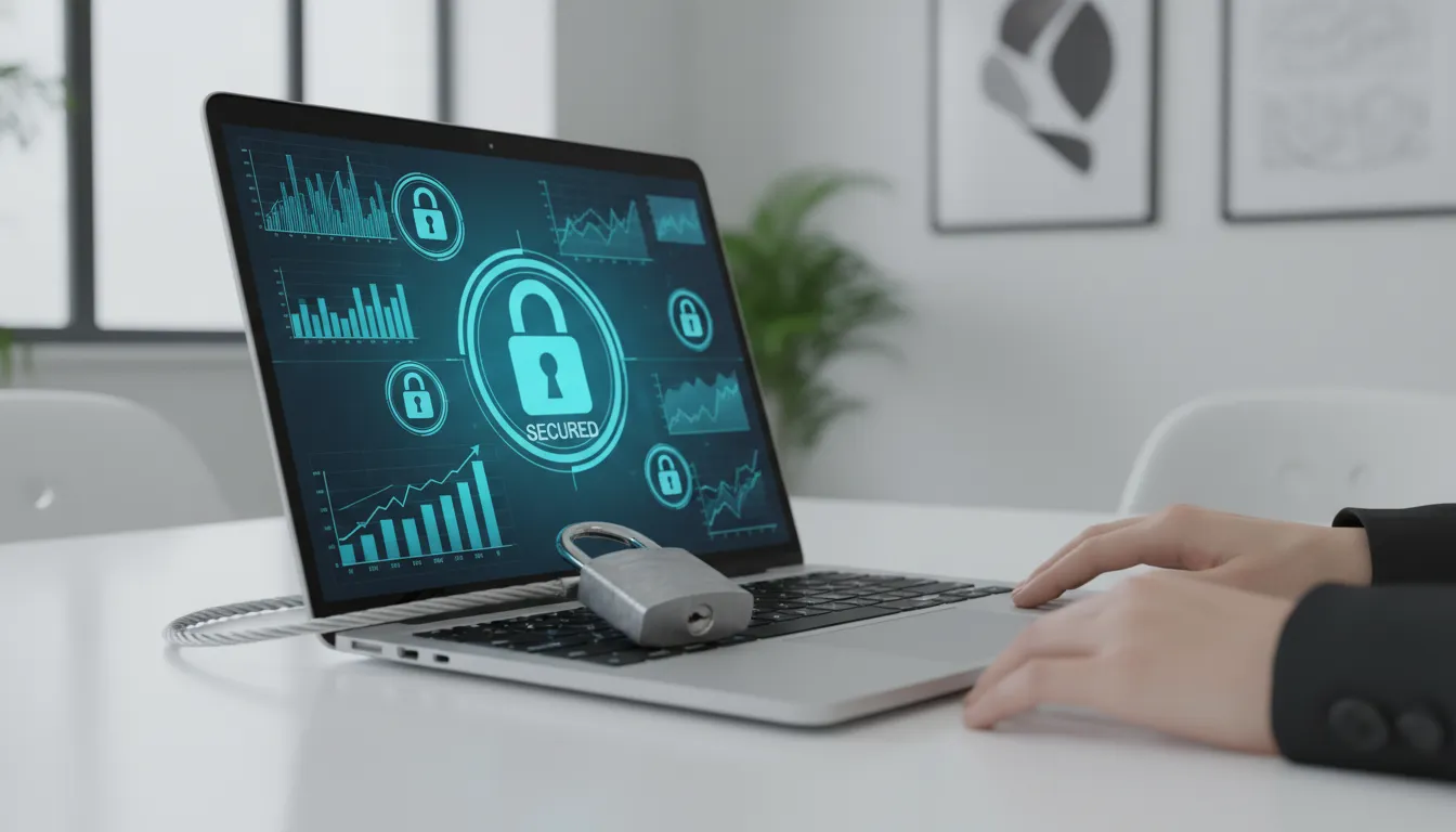 Notebook com cadeado físico e virtual, ilustrando proteção integrada de dados sensíveis.