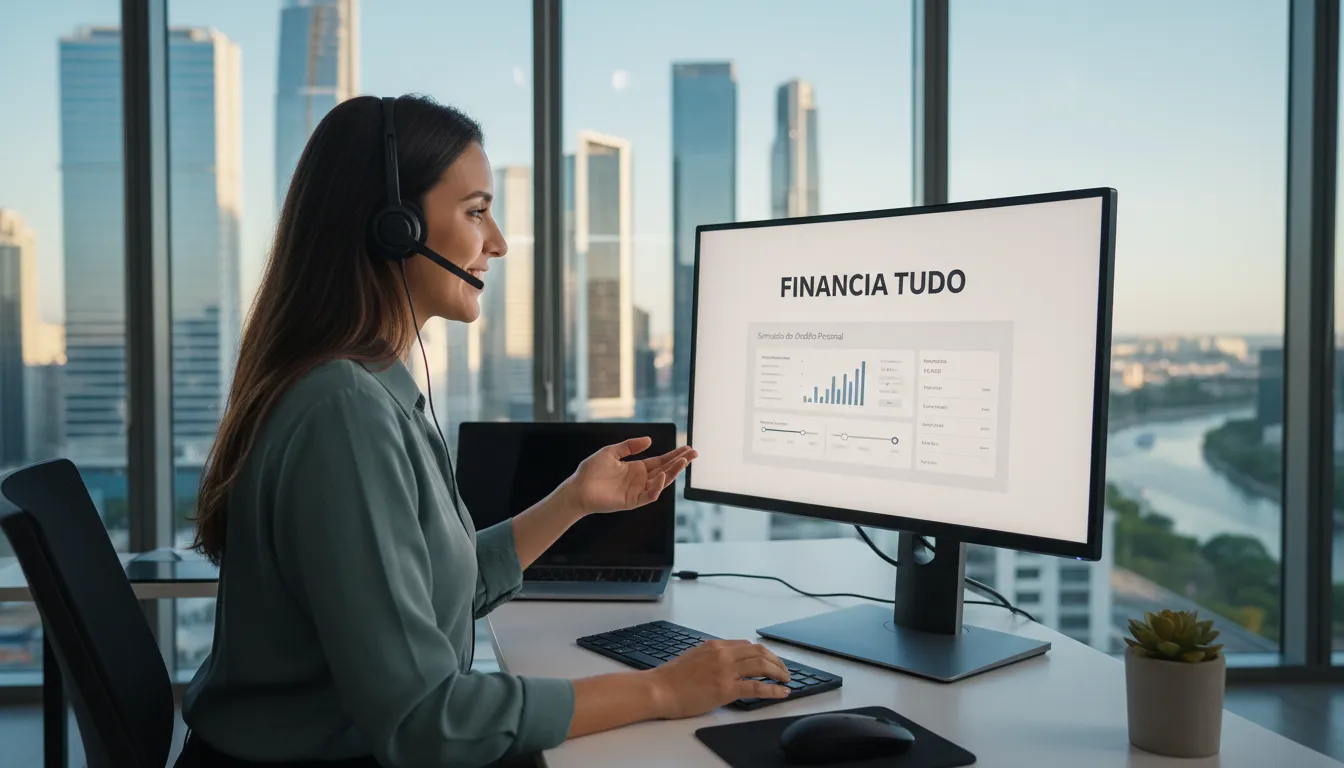 Atendente de fintech orienta cliente sobre simulação de crédito da Financia Tudo em escritório moderno.