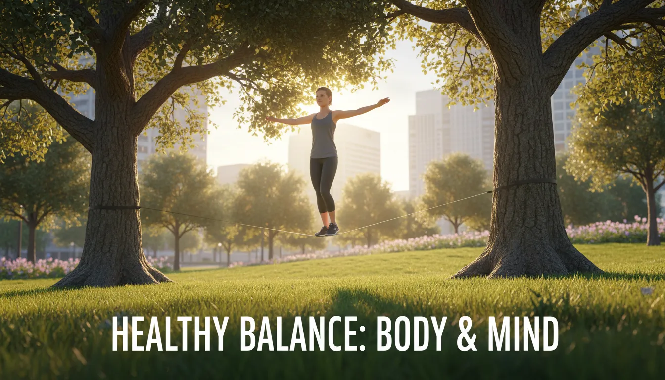 Pessoa praticando slackline em parque, demonstrando equilíbrio corporal e foco mental.