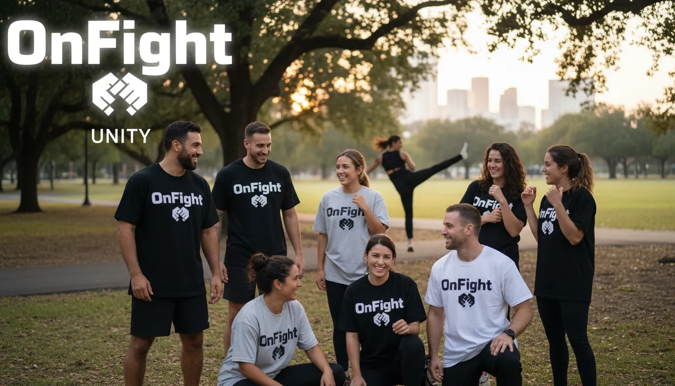 Grupo diverso vestindo camisetas oversized OnFight de várias cores em ambiente casual, transmitindo estilo e comunidade.