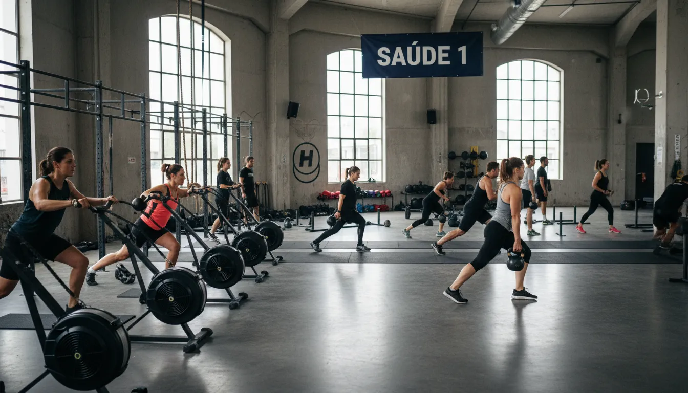 Visão ampla de uma sessão de treino hyrox em academia moderna, com diversas estações e atletas de diferentes níveis.