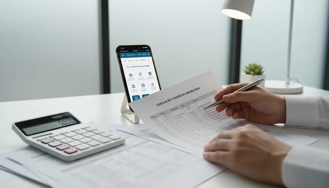 Pessoa analisando simulação de consórcio no site Financia Tudo em ambiente de escritório profissional.