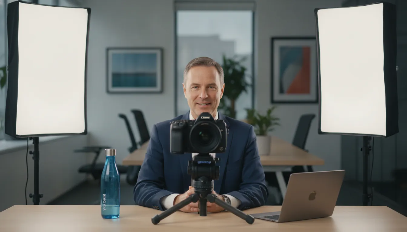CEO gravando vídeo profissional com equipe, exemplificando comunicação corporativa autêntica e engajadora.