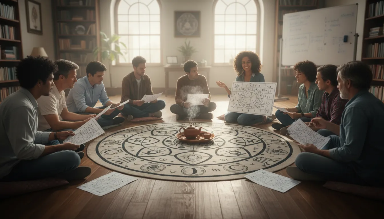 Pessoas diversas participando de uma sessão de numerologia para autoconhecimento, utilizando cartas e símbolos astrológicos, com o apoio da Unolife.