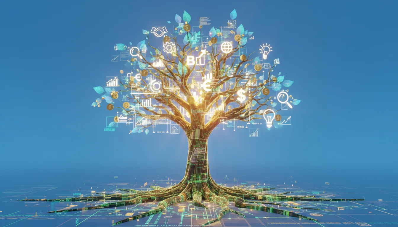 Representação de uma árvore crescendo com dados financeiros nas raízes, simbolizando o crescimento e prosperidade apesar da reforma tributária.