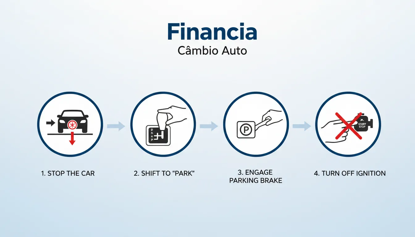 Diagrama ilustrando a sequência correta de ações ao estacionar um carro com câmbio automático: parar o carro, mudar para 'Park', acionar o freio de estacionamento e desligar a ignição. Logo Financia.