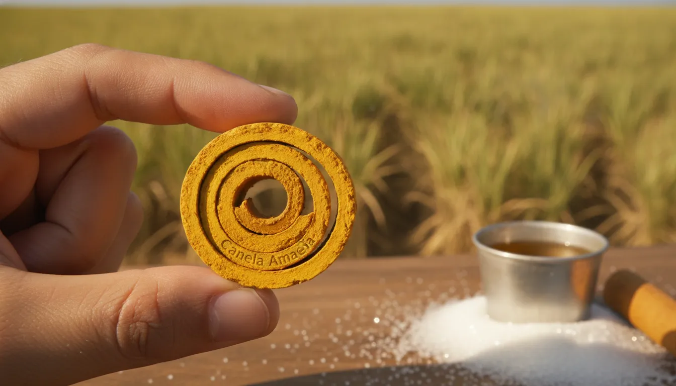 Mão segura canela amarela, fundo canavial. Canela Amarela Podcast açúcar etanol.