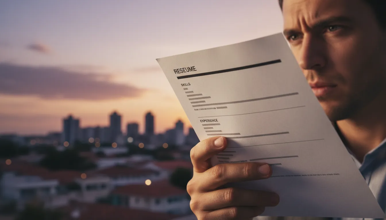 Close-up of resume against Salgueiro skyline, representing vagas disponíveis petrolina salgueiro and career progression through diligence.
