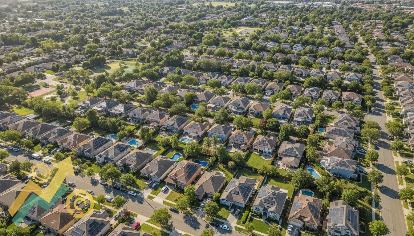 Bairro residencial com painéis solares, simbolizando economia com energia solar por assinatura e sustentabilidade.