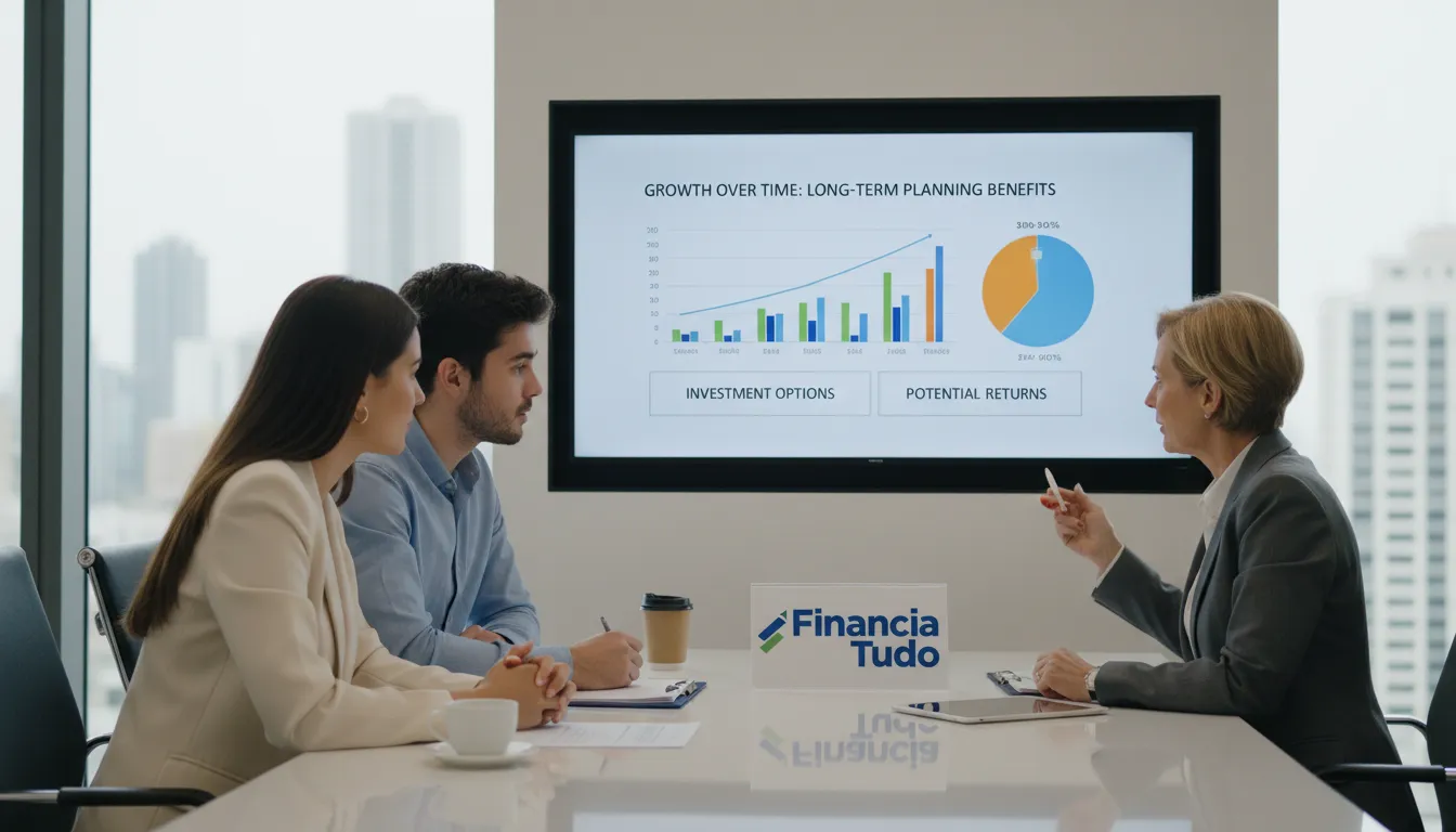 Casal em reunião com consultor financeiro da Financia Tudo para discutir o planejamento do orçamento familiar e investimentos.