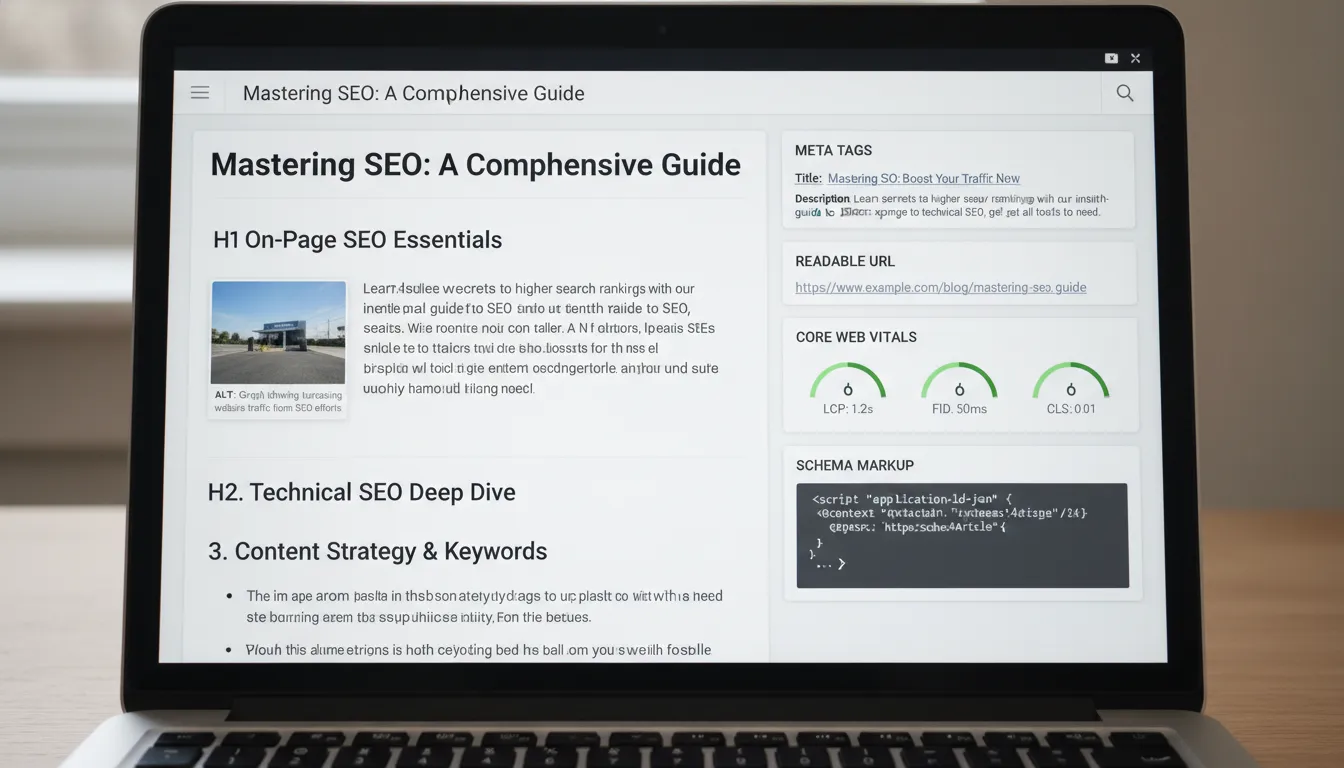 Checklist de SEO On-Page para Posts de Blog em 2026 1 Blog post otimizado exibindo detalhes como headings, meta tags e Core Web Vitals em uma tela de notebook
