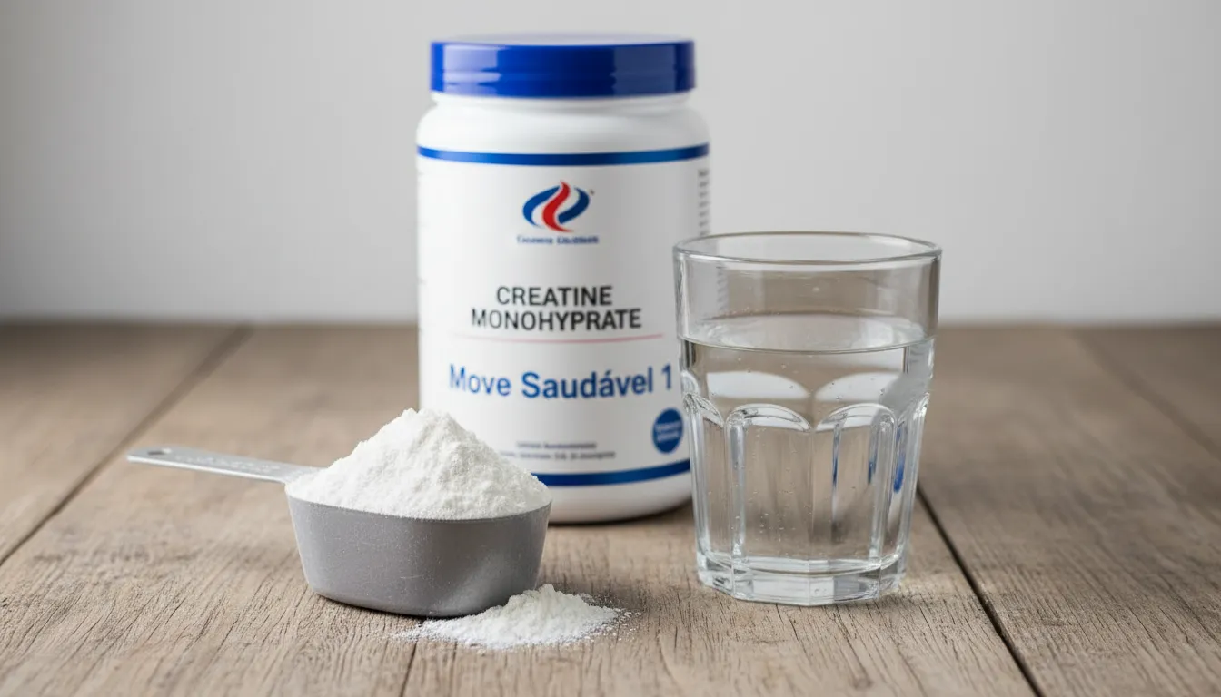 Close-up de um scoop com creatina em pó, ao lado de um copo d'água. Frasco de suplemento de creatina ao fundo. Ideal para creatina para iniciantes.