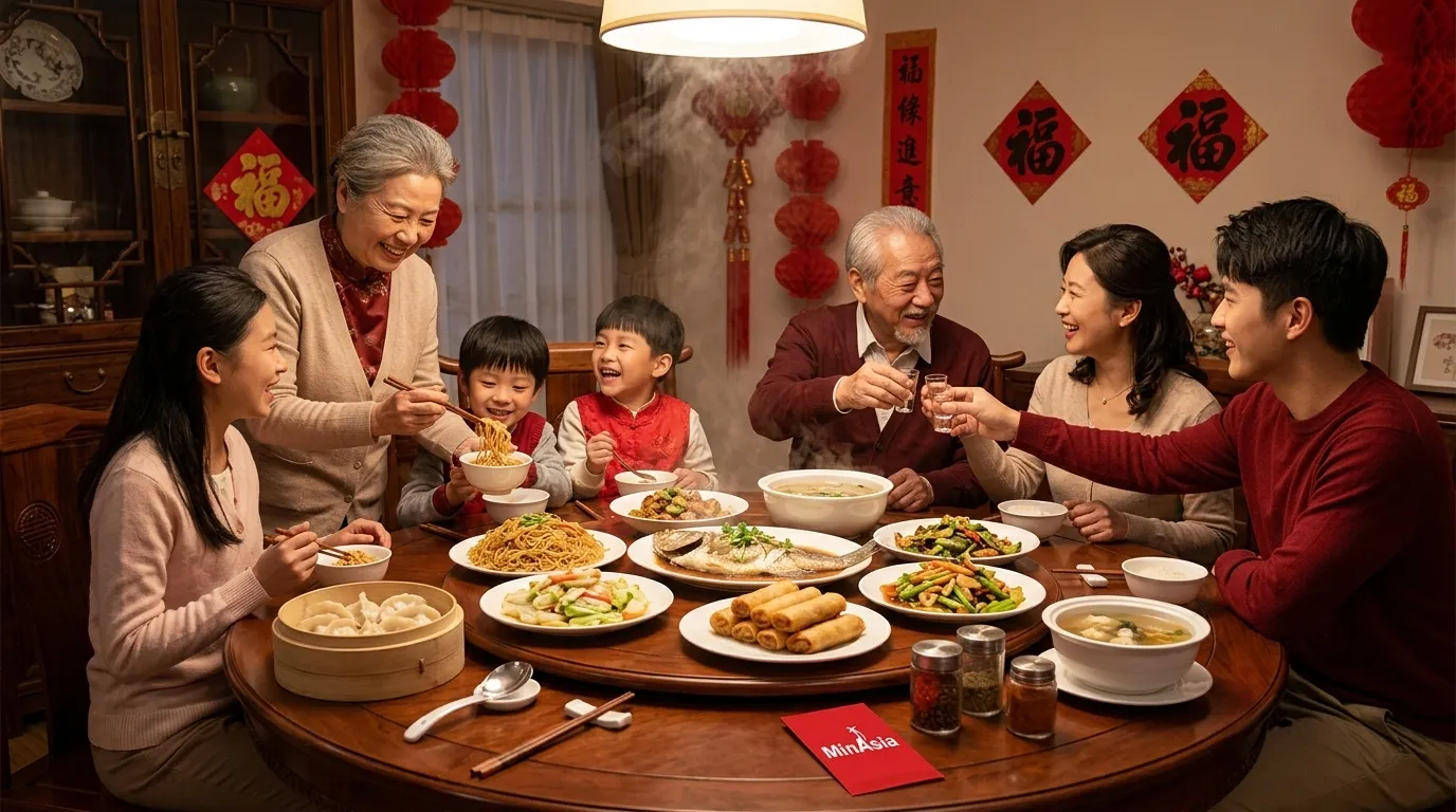 Família reunida para o tradicional banquete de Ano Novo Chinês com pratos típicos.