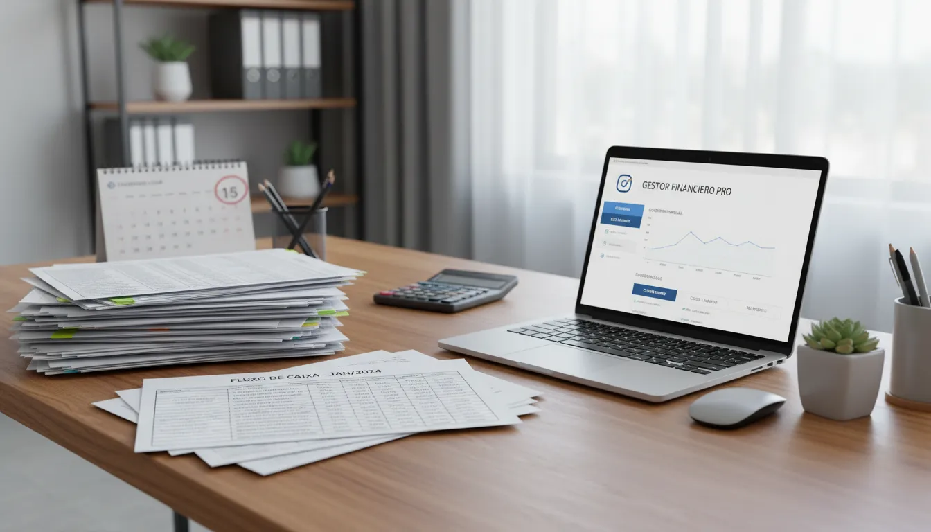 Mesa de empresa americana com planilhas, laptop e ferramentas de gestão financeira eficaz