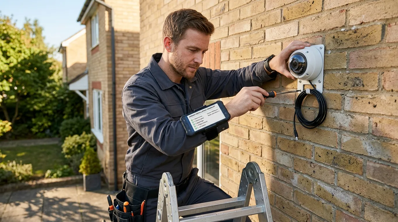 Instalador de cameras ajustando equipamento e acessando aplicativo de gerenciamento ordens de servico.