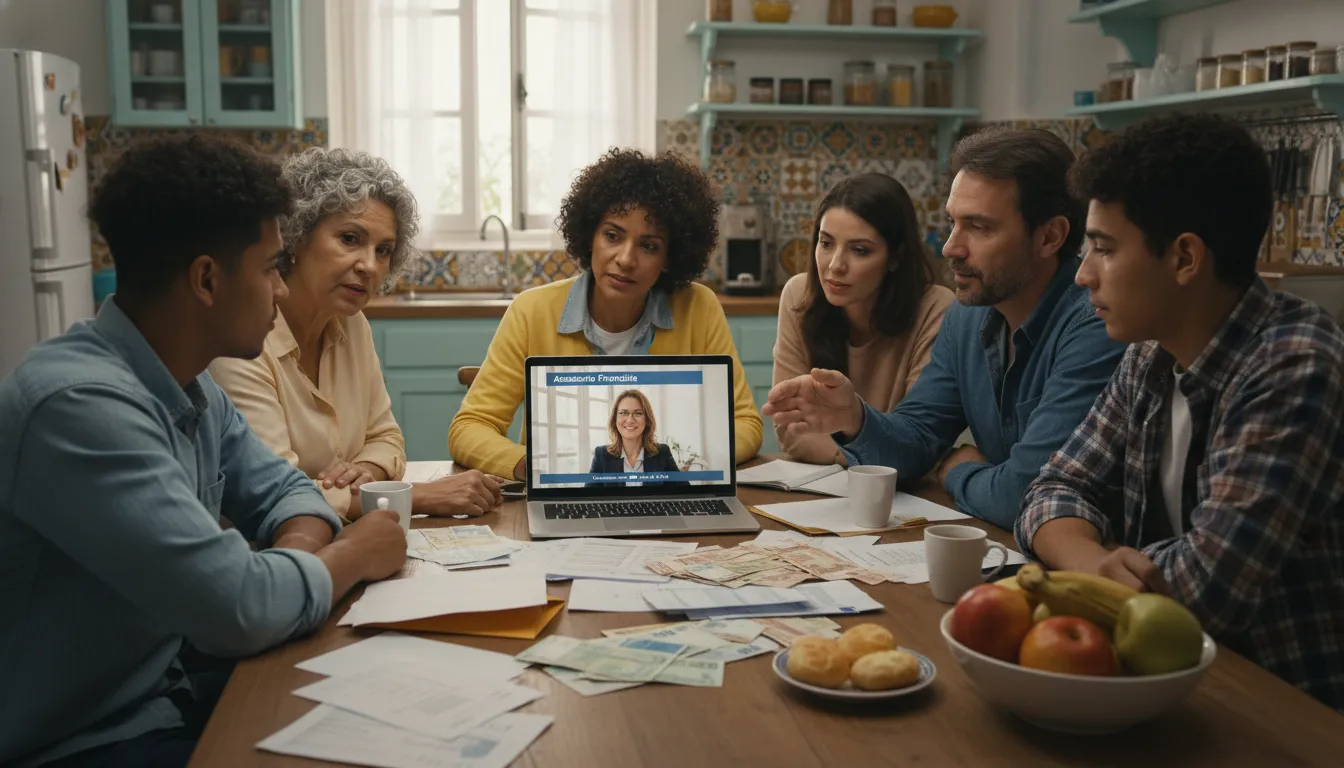 Família brasileira reunida à mesa analisando contas e em vídeo chamada com consultor financeiro