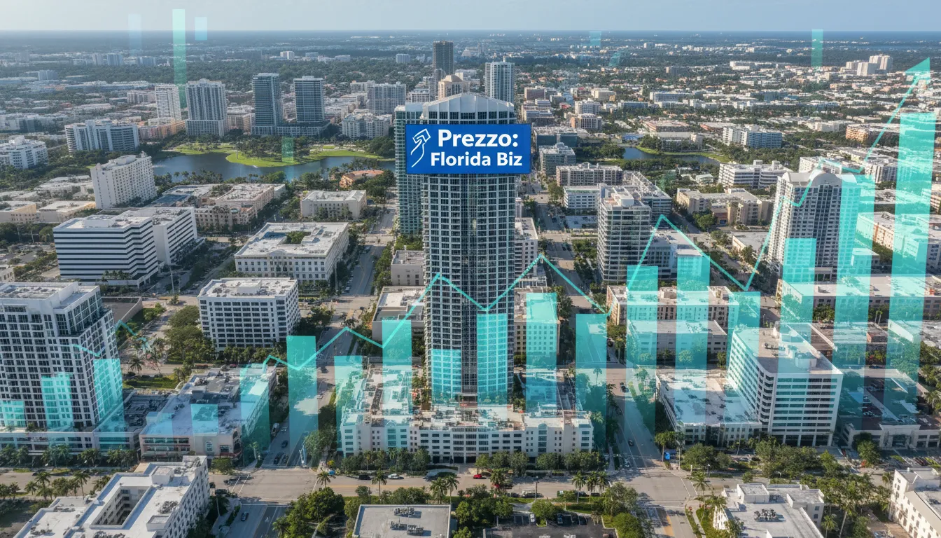 Financial growth charts overlaying Florida cityscape represents opportunity to start a business in Florida with Prezzo Consulting's services.