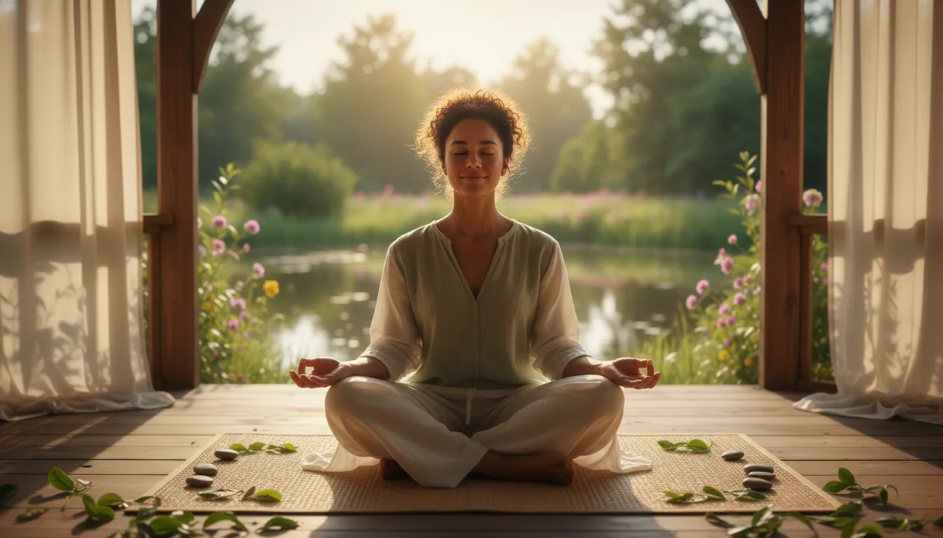 Jovem meditando, rosto sereno, irradiando paz interior e autoaceitação. Fortalecendo a autoestima.