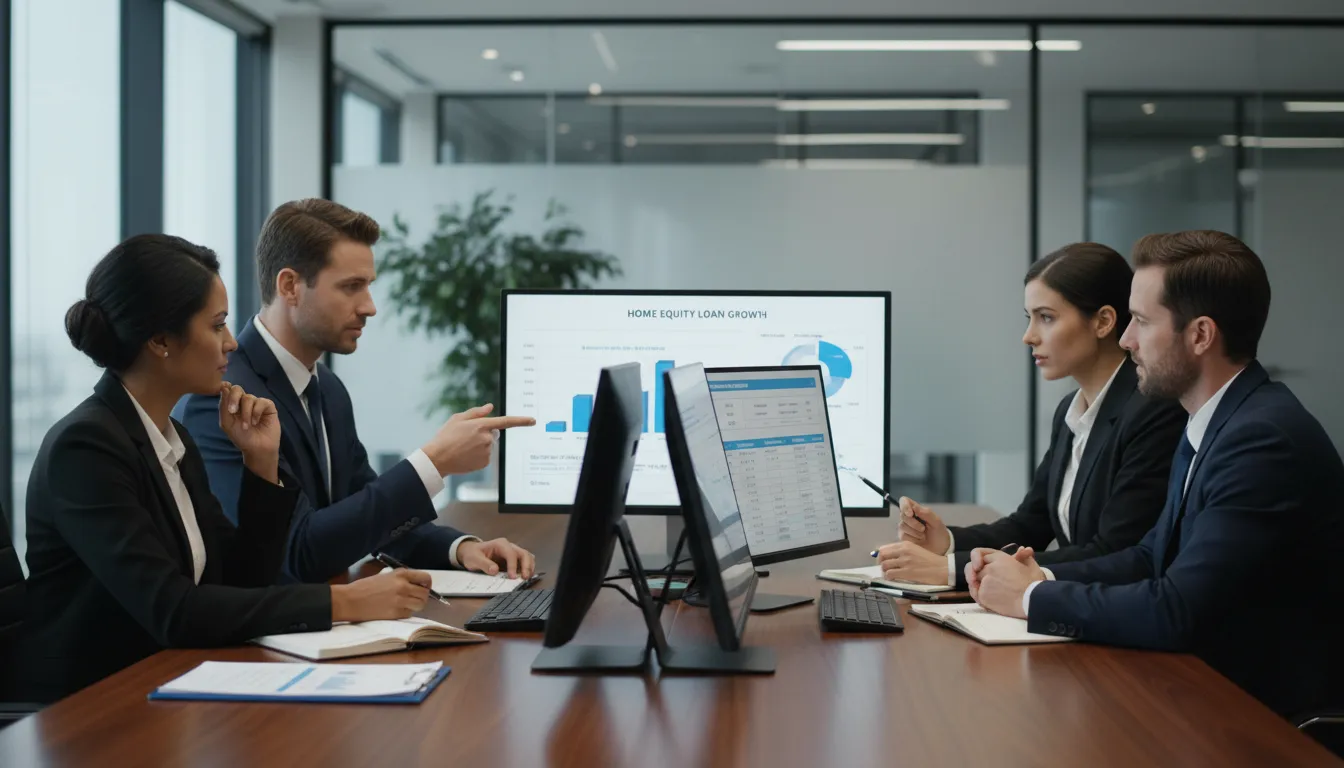 Equipe e clientes analisando opções de Home Equity com gráficos, transmitindo consultoria financeira especializada