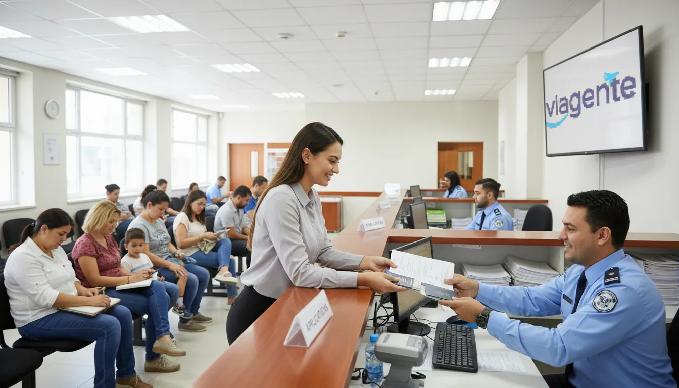 Em um escritório governamental, uma mulher entrega documentos para como tirar passaporte a um funcionário, com outras pessoas aguardando.